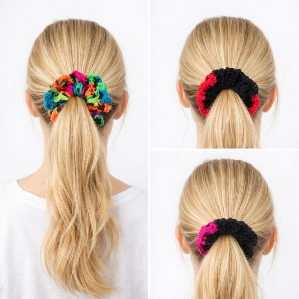 Handmade Textured Crocheted Scrunchies Ponytail Holder Hair Tie Set Of 4 - New